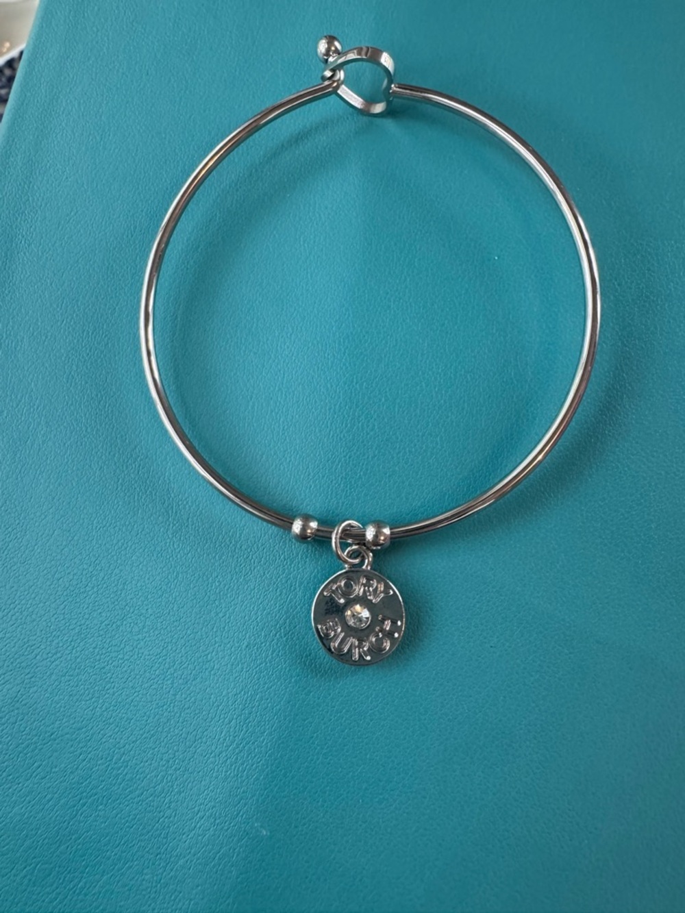 Upcycled authentic Tory Burch Silver Logo Disc Bangle Bracelet - Picture 5 of 7